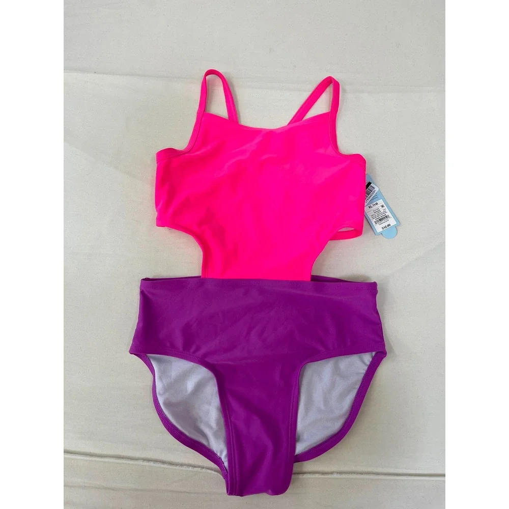 Cat & Jack Girls Cutout One-Piece Swimsuit Pink Purple XL 14 NWT